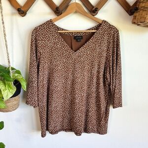 J. Jill Wearever Brown Polka Dot V-Neck 3/4 Sleeve Top Petite Medium